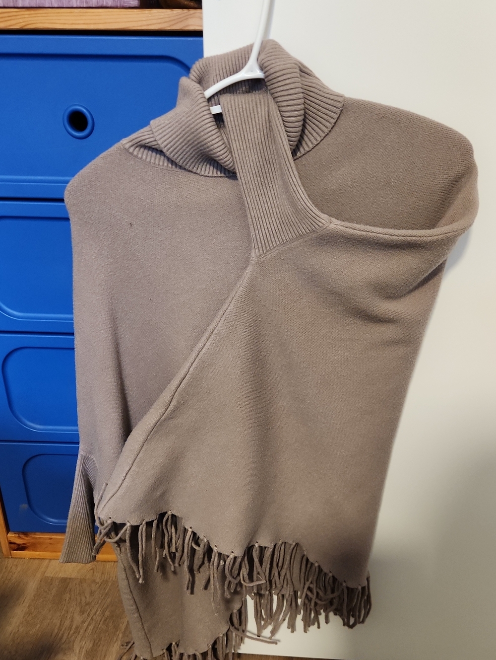 Women’s Taupe Fringe Turtleneck Poncho Sweater